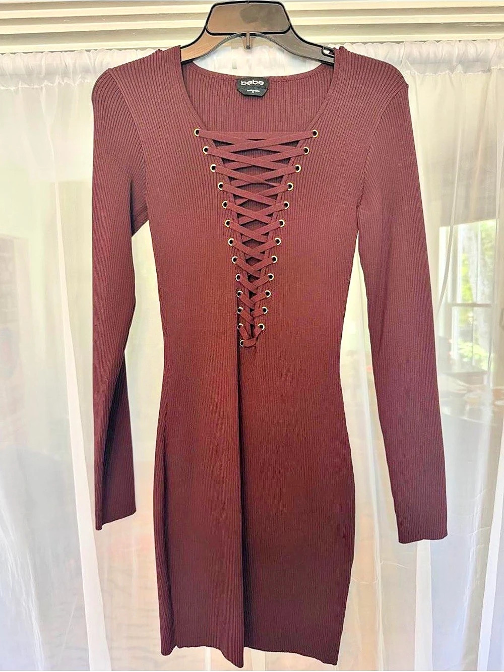bebe Lace-Up Ribbed Mini Dress in Maroon Size Medium Like New